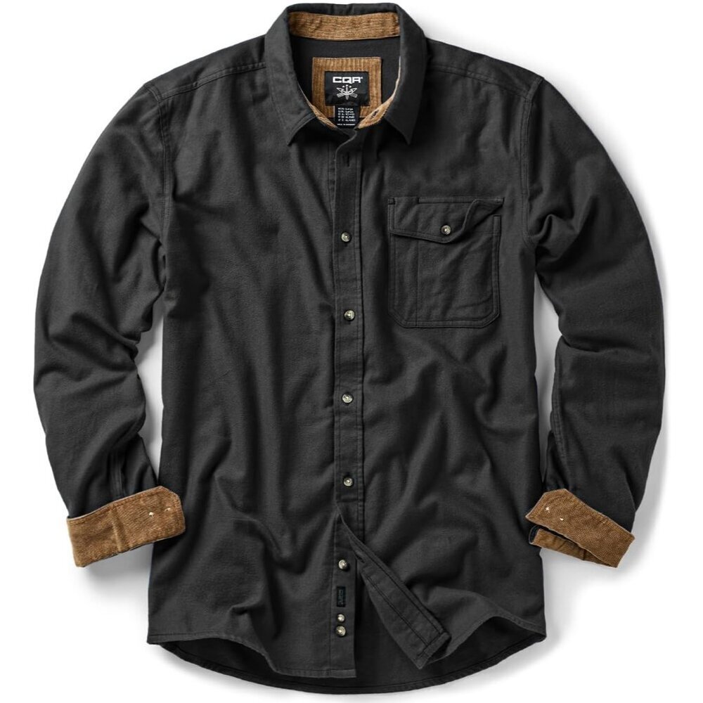 Mens Corduroy Coal Black Cotton Flannel Shirt Long Sleeve Casual Outdoor Plaid